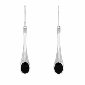 Sterling Silver Whitby Jet Long Tapered Drop Hook Earrings