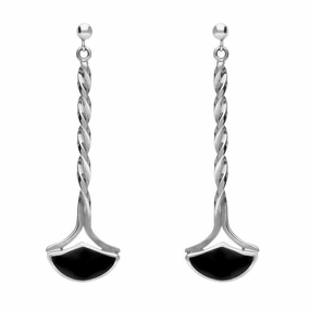 Sterling Silver Whitby Jet Long Twisted Fan Drop Earrings