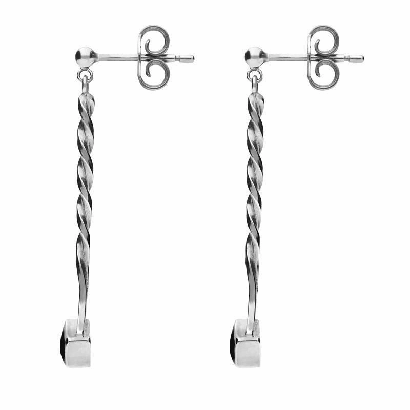 Sterling Silver Whitby Jet Long Twisted Fan Drop Earrings