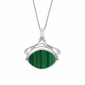 Sterling Silver Whitby Jet Malachite Marquise Swivel Fob Necklace