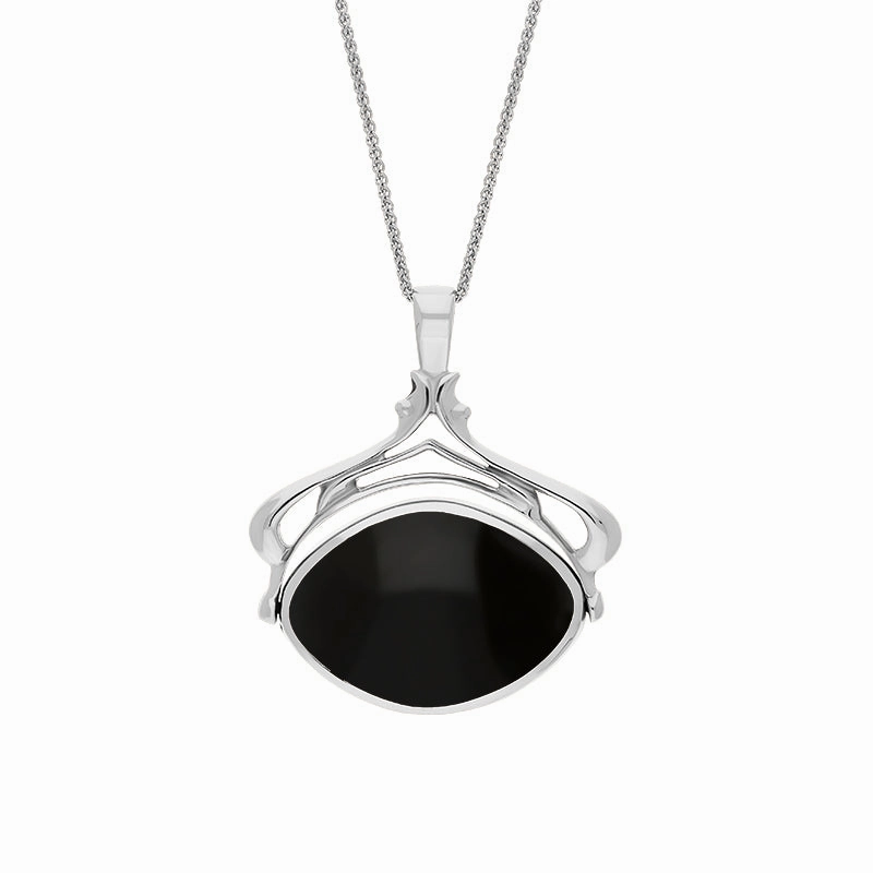 Sterling Silver Whitby Jet Malachite Marquise Swivel Fob Necklace