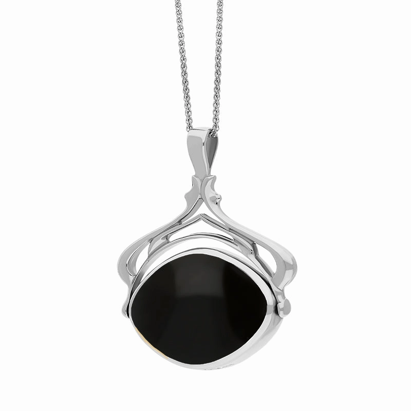Sterling Silver Whitby Jet Malachite Marquise Swivel Fob Necklace