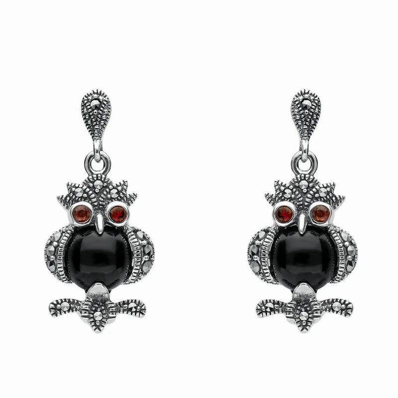 Sterling Silver Whitby Jet Marcasite and Garnet Owl Drop Earrings