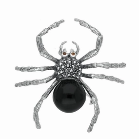 Sterling Silver Whitby Jet Marcasite and Garnet Spider Brooch
