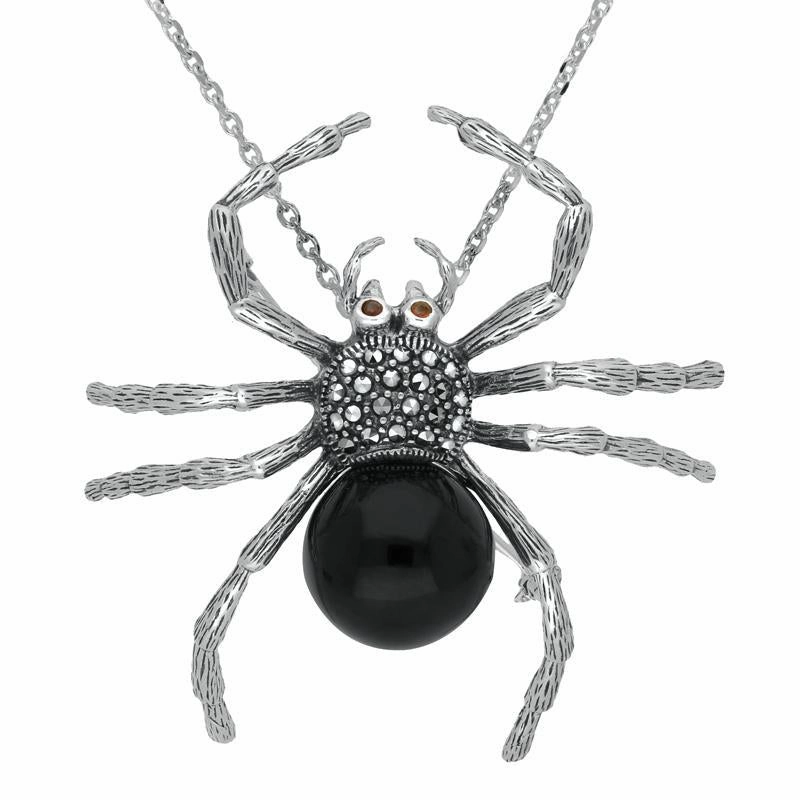 Sterling Silver Whitby Jet Marcasite and Garnet Spider Brooch