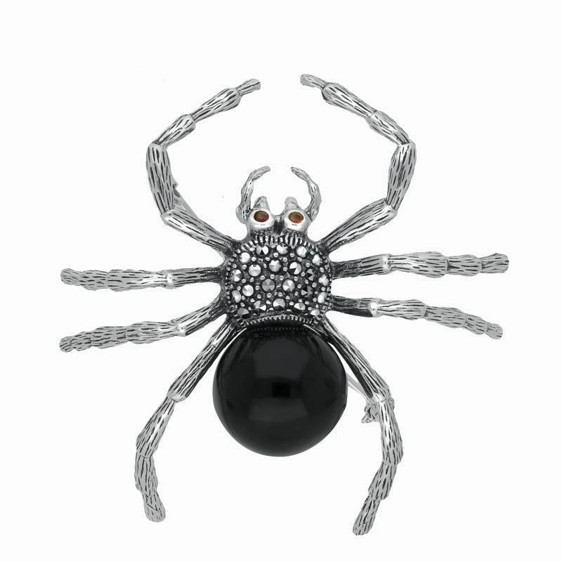 Sterling Silver Whitby Jet Marcasite and Garnet Spider Brooch