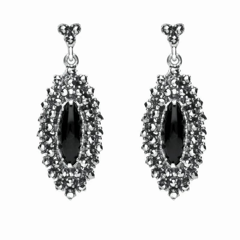 Sterling Silver Whitby Jet Marcasite Double Row Drop Earrings