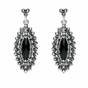 Sterling Silver Whitby Jet Marcasite Double Row Drop Earrings