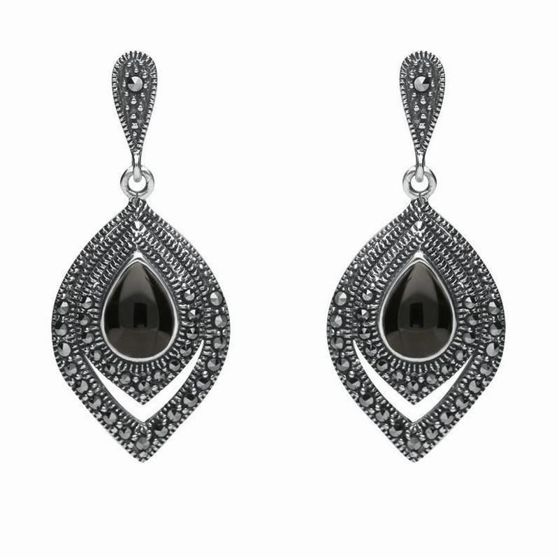 Sterling Silver Whitby Jet Marcasite Fancy Pear Stud Earrings