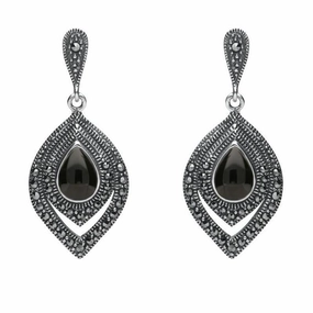 Sterling Silver Whitby Jet Marcasite Fancy Pear Stud Earrings