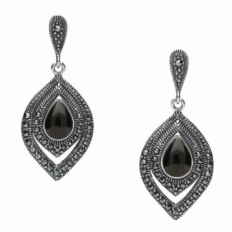 Sterling Silver Whitby Jet Marcasite Fancy Pear Stud Earrings