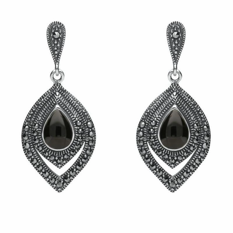 Sterling Silver Whitby Jet Marcasite Fancy Pear Stud Earrings
