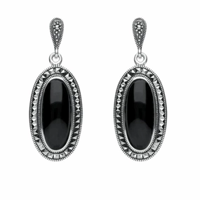Sterling Silver Whitby Jet Marcasite Framed Drop Earrings