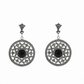 Sterling Silver Whitby Jet Marcasite Open Circle Round Drop Earrings
