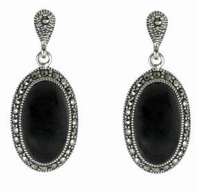 Sterling Silver Whitby Jet Marcasite Oval Star Back Drop Earrings