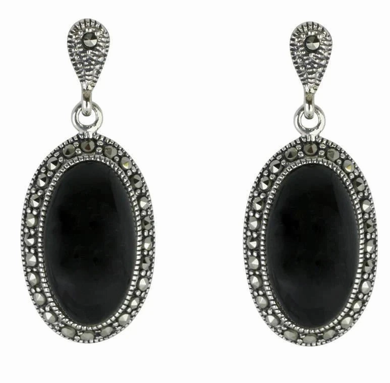 Sterling Silver Whitby Jet Marcasite Oval Star Back Drop Earrings