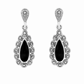 Sterling Silver Whitby Jet Marcasite Pear Centre Round Bead Earrings