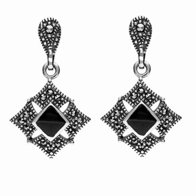 Sterling Silver Whitby Jet Marcasite Square Drop Stud Earrings