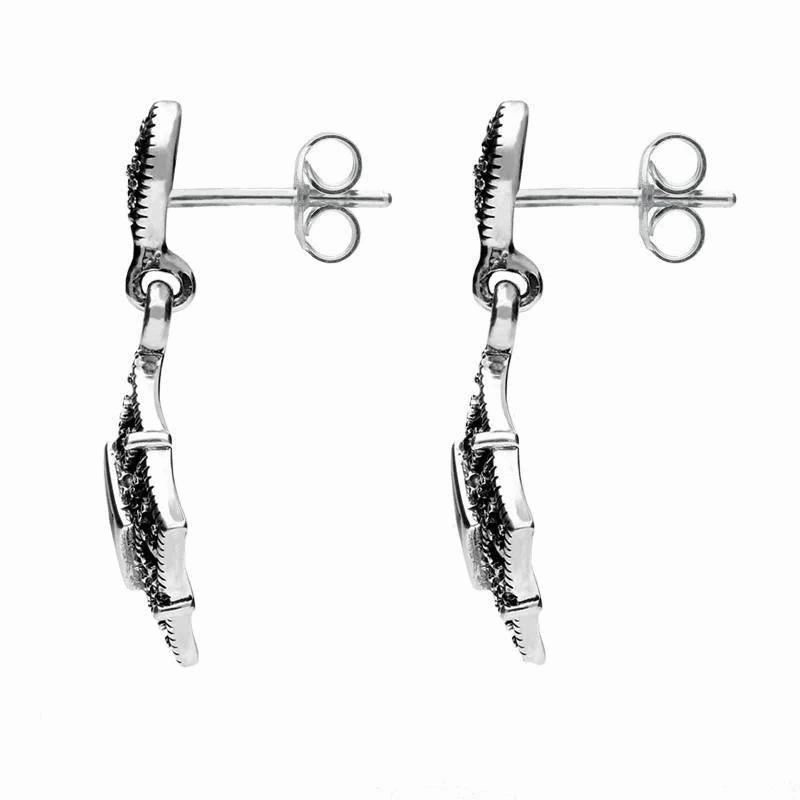 Sterling Silver Whitby Jet Marcasite Square Drop Stud Earrings