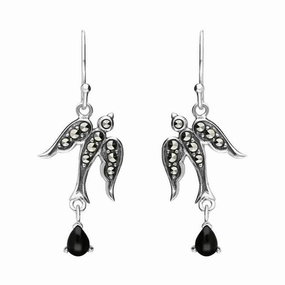 Sterling Silver Whitby Jet Marcasite Swallow Drop Earrings