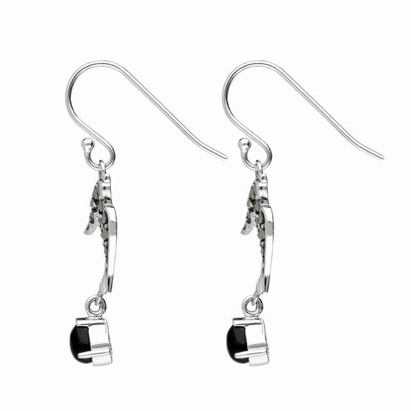 Sterling Silver Whitby Jet Marcasite Swallow Drop Earrings
