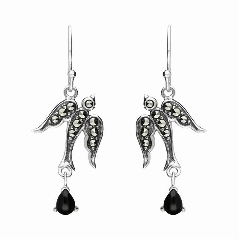 Sterling Silver Whitby Jet Marcasite Swallow Drop Earrings