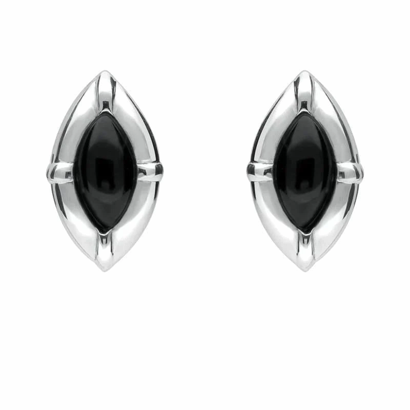 Sterling Silver Whitby Jet Marquise Beaded Edge Stud Earrings