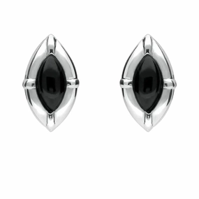 Sterling Silver Whitby Jet Marquise Beaded Edge Stud Earrings