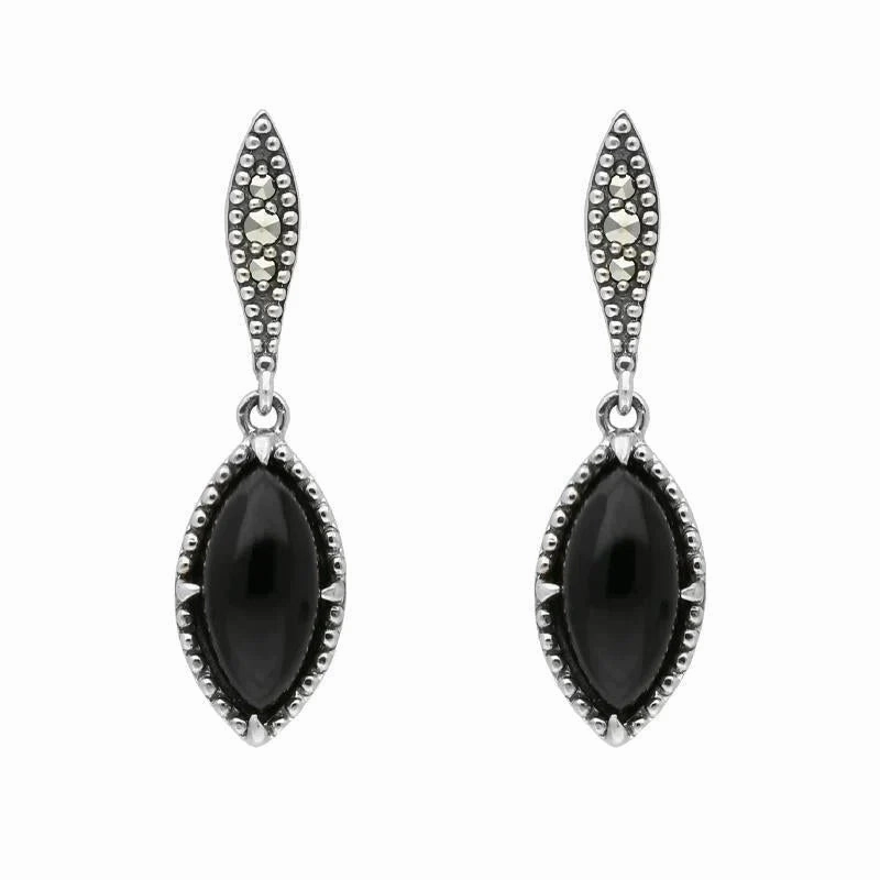 Sterling Silver Whitby Jet Marquise Long Drop Earrings