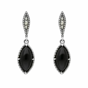 Sterling Silver Whitby Jet Marquise Long Drop Earrings