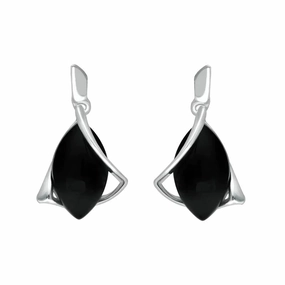 Sterling Silver Whitby Jet Marquise Open Twist Edge Drop Earrings
