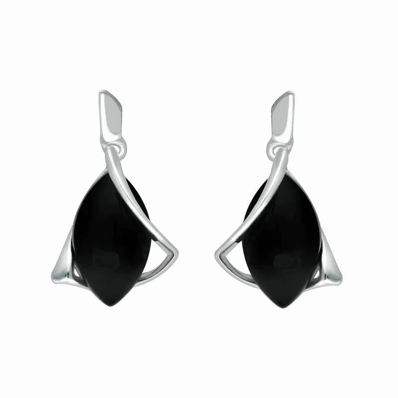 Sterling Silver Whitby Jet Marquise Open Twist Edge Drop Earrings