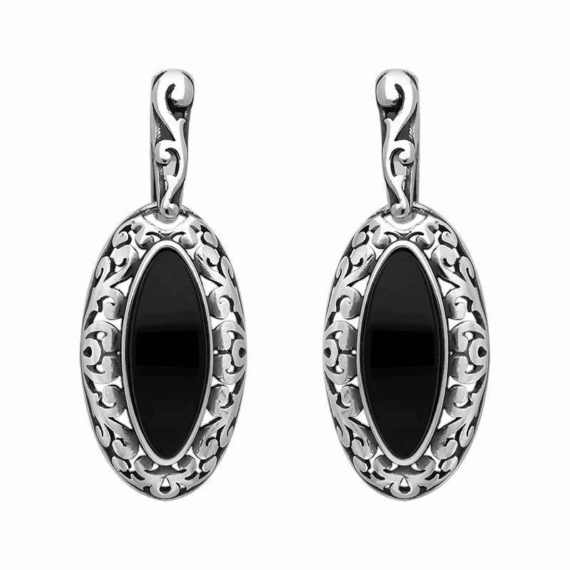 Sterling Silver Whitby Jet Marquise Pierced Frame Earrings