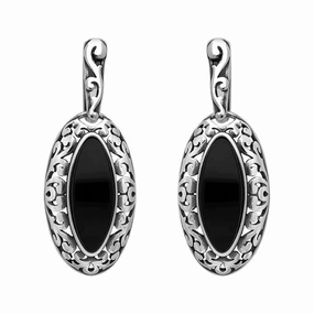 Sterling Silver Whitby Jet Marquise Pierced Frame Earrings