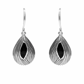 Sterling Silver Whitby Jet Marquise Shape Wave Wood Effect Earrings