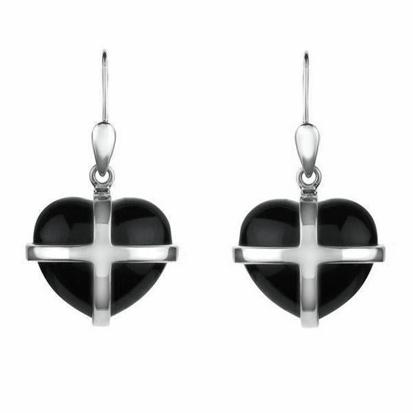 Sterling Silver Whitby Jet Medium Cross Heart Drop Earrings