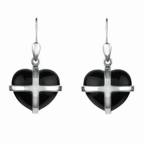 Sterling Silver Whitby Jet Medium Cross Heart Drop Earrings