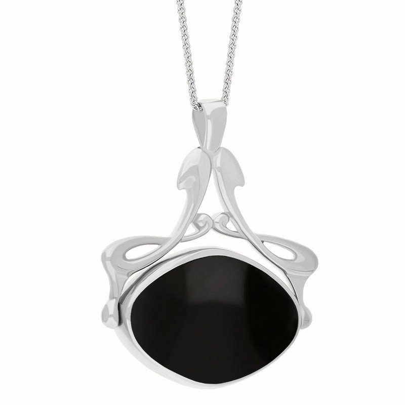 Sterling Silver Whitby Jet Mother Of Pearl Bell Diamond Swivel Fob Necklace