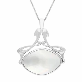 Sterling Silver Whitby Jet Mother Of Pearl Bell Diamond Swivel Fob Necklace