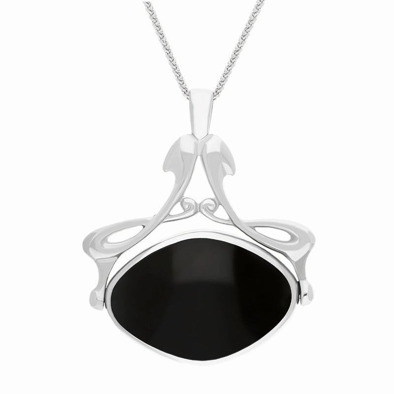 Sterling Silver Whitby Jet Mother Of Pearl Bell Diamond Swivel Fob Necklace