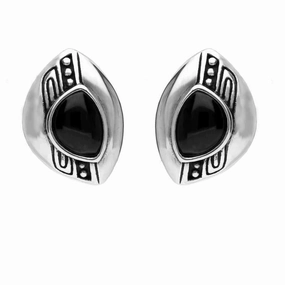 Sterling Silver Whitby Jet Offset Beaded Line Stud Earrings