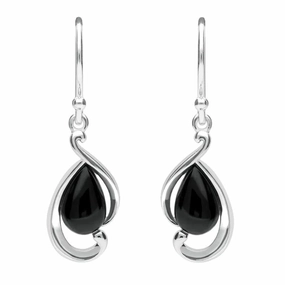 Sterling Silver Whitby Jet Open Fancy Pear Drop Earrings