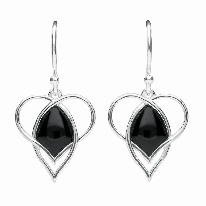 Sterling Silver Whitby Jet Open Heart Twist Hook Earrings