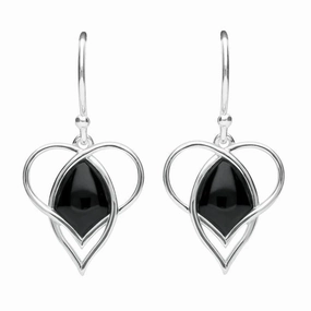 Sterling Silver Whitby Jet Open Heart Twist Hook Earrings