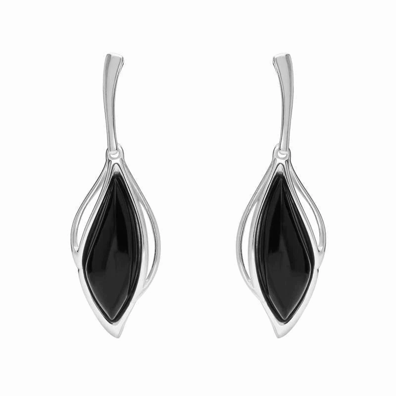 Sterling Silver Whitby Jet Open Marquise Drop Earrings