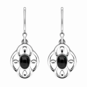 Sterling Silver Whitby Jet Open Petal Edge Flower Hook Earrings