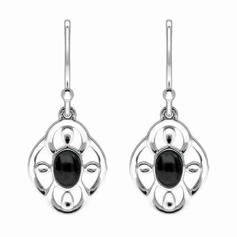Sterling Silver Whitby Jet Open Petal Edge Flower Hook Earrings