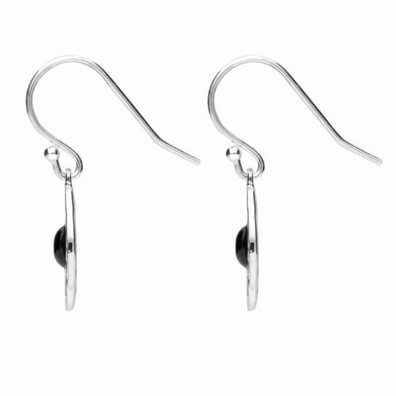 Sterling Silver Whitby Jet Open Petal Edge Flower Hook Earrings
