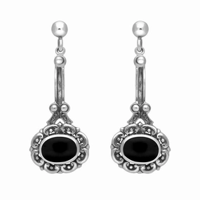 Sterling Silver Whitby Jet Ornate Antique Oval Drop Earrings