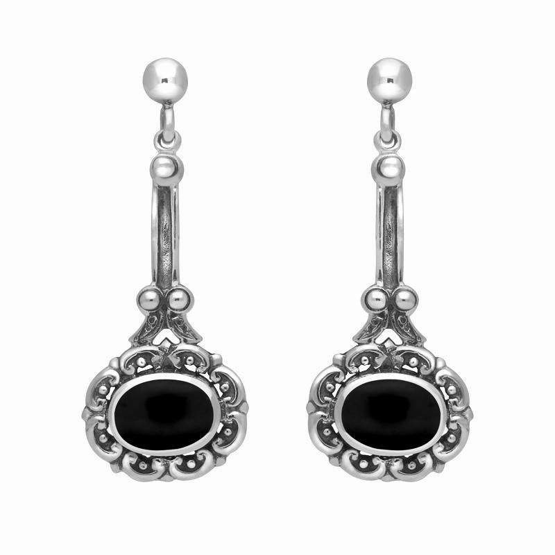 Sterling Silver Whitby Jet Ornate Antique Oval Drop Earrings